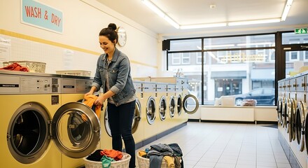 Woman loads laundry into a washing machine at a brightly lit laundromat preparing for a fresh clean start in her everyday routine