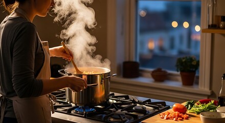 A person is stirring a pot of steaming food on a stove in the kitchen creating a cozy and inviting culinary scene