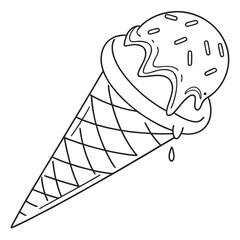 A simple black and white line drawing of a melting ice cream cone with sprinkles and a drip falling off the side perfect for summer themes and children s illustrations