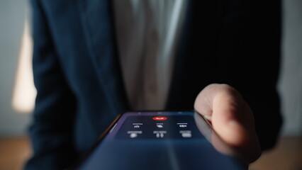 Unknown user ending call touching button at home closeup. Man hanging up chat