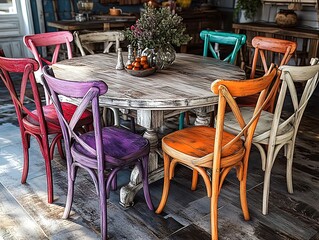 Vibrant, rustic dining chairs surround a weathered wooden table, inviting cozy gatherings.