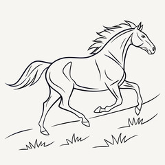Dynamic black and white line art illustration of a powerful horse galloping freely across a grassy field with its mane and tail flowing majestically