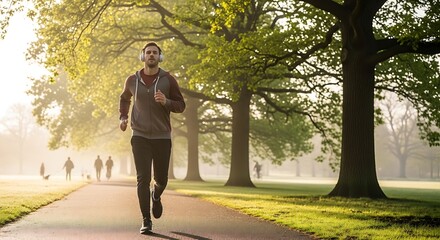 Morning run : A man wearing headphones jogs along a paved path in a sunlit park promoting fitness and enjoying the outdoors