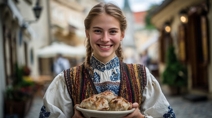 Joyful Young Woman in Traditional Lithuanian Attire Offering Homemade Dish