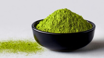 Vibrant green matcha powder heaped in a black bowl, with a sprinkle of fine powder on the surface, showcasing the rich texture and color of this popular culinary ingredient for health enthusiasts