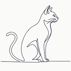 Elegant single line drawing of a graceful cat sitting elegantly in profile view with its tail curled and a simple minimalist artistic style on a white background