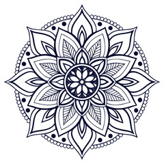 Intricate dark blue floral mandala design with symmetrical petal patterns and decorative circular border isolated on a clean white background for spiritual and artistic projects