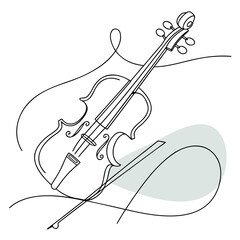 Elegant single line drawing of a violin and bow with a subtle grey abstract shape evoking sound or movement on a clean white background representing classical music and artistic expression © Mamun