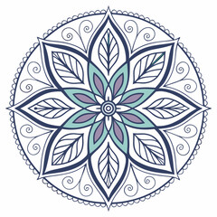 Intricate floral mandala design with teal purple and navy blue accents on a white background symbolizing harmony and peace