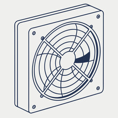 Isometric line art illustration of a computer power supply unit fan grill with a dark blue accent on a light gray background