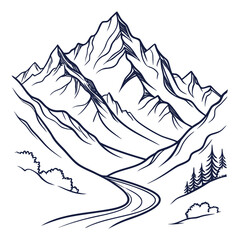 Majestic mountain range with a winding road leading through a valley featuring pine trees and bushes depicted in a clean and artistic line drawing style for a sense of adventure and exploration