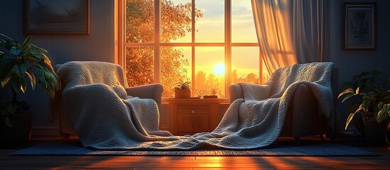Cozy armchairs bathed in warm sunset light invite relaxation and peace