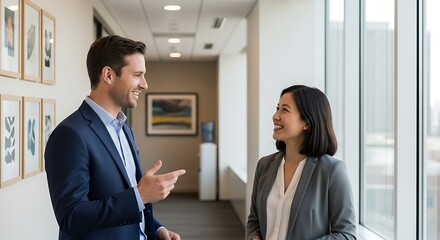 Two professionals in formal attire are engaged in a cheerful discussion in a modern light - filled office hallway