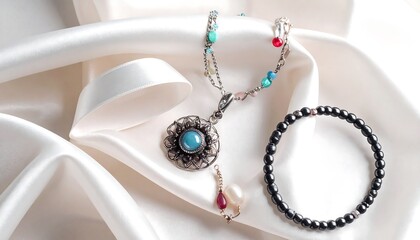 Jewelry displayed on silk