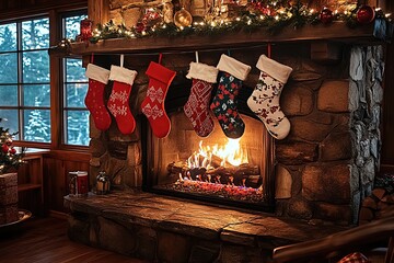 Cozy Christmas Eve fireplace with stockings hung and warm glowing fire