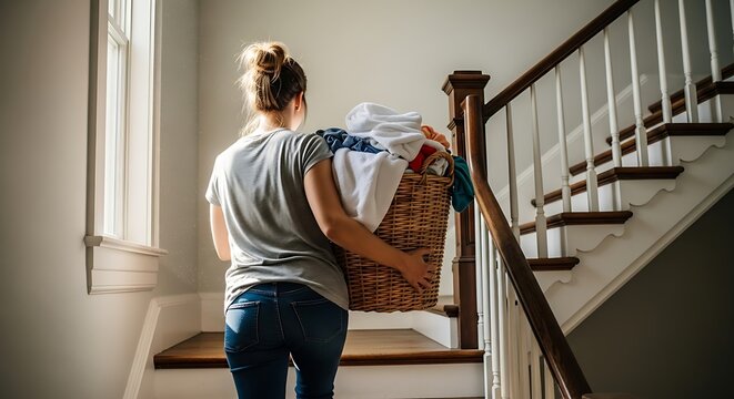 Woman carries laundry basket up staircase Interior scene with natural lighting home setting Doing chores everyday life