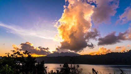 Sunrise over a lake, dramatic clouds