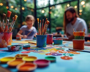 Creative family art session outdoors with vibrant paints and brushes