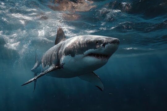 Great white shark megalodon shown in realistic animation under ocean surface during daylight hours revealing its powerful presence - Powered by Adobe