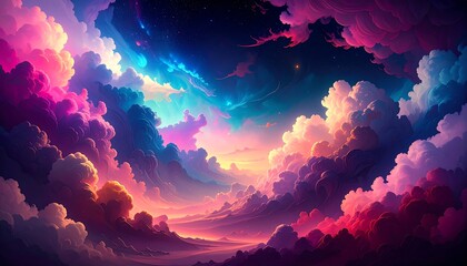 Vivid clouds and night sky with glowing colors and soft edges create a dreamlike vista