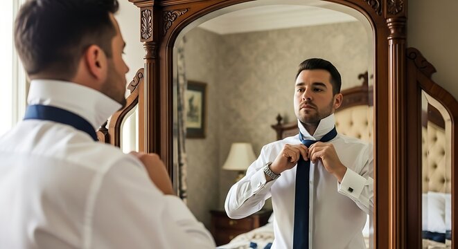 A man in a crisp white shirt stands before a large mirror meticulously adjusting his tie He is reflected in the glass preparing for an event - Powered by Adobe