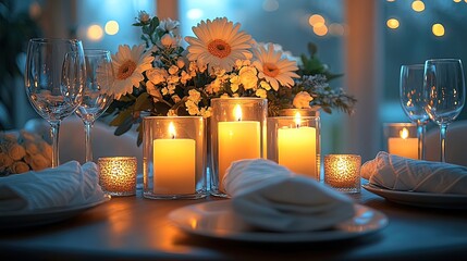 Romantic candlelit dinner setting with elegant floral arrangement and wine glasses