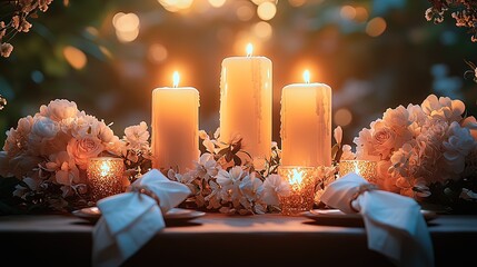 Elegant candlelit wedding table setting with soft floral arrangements and warm bokeh
