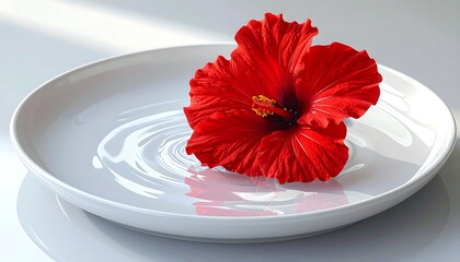 Red hibiscus flower on a white plate with water ripples