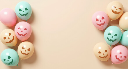 Pastel Halloween balloons with jack-o'-lantern faces on beige