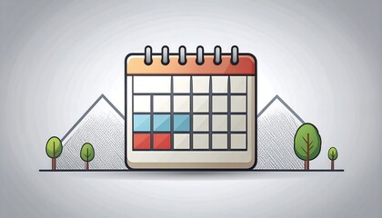 Graphic calendar with red, blue dates sits between trees, mountains on gray background