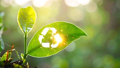 Bright image of a recycle logo on a leaf, surrounded by green plant growth and bokeh