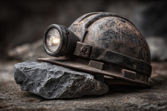 Miner&acirc;&euro;&trade;s helmet with headlamp resting on rough stone, symbolic detail, high quality photograph taken on Canon 5D Mark IV --ar 3:2 --v 7 Job ID: d5ac78b9-4f6a-4b36-abb0-4b6af3e2027c