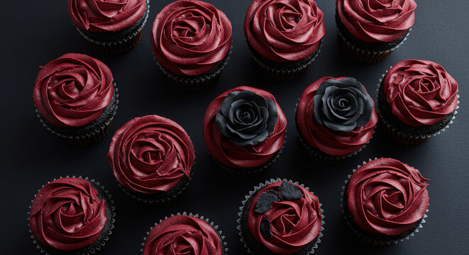 Gothic black cupcakes with deep red frosting swirls, topped with edible black roses.