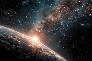 Vibrant sunrise illuminating the horizon of Earth surrounded by a vast and starry cosmic background