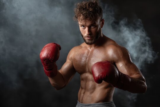 Strong young boxer trains intensely with boxing gloves in a dramatic atmosphere, showcasing dedication and athleticism during preparation for a match