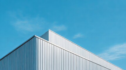 Modern warehouse with an aluminum facade against a blue sky. Architectural building features a geometric design with corrugated steel. Industrial construction showcases a metal surface pattern.
 