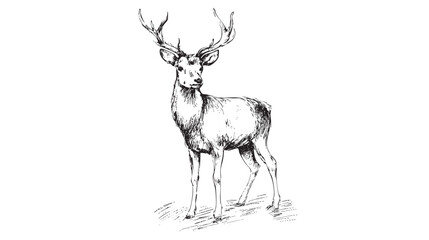 A detailed sketch of a deer standing in a grassy field, showcasing its antlers and natural posture
