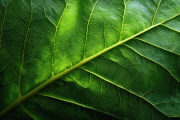 Fototapeta premium Exploring the intricate texture and vibrant green hues of a leaf in natural light, showcasing the beauty of ecology in a closeup view