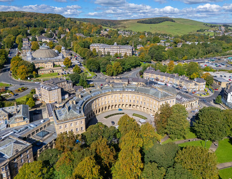 Buxton, Derbyshire, United Kingdom. 09.22.2025 Aerial Image of Buxton in the Peak District basking in stunning Autumn colours. 