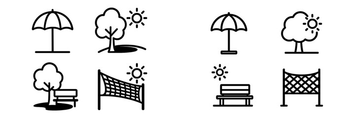Various simple icons depicting park elements such as trees, benches, and sun with a volleyball net for outdoor leisure activities