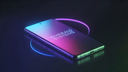 Smartphone with glowing emerald systems logo on dark surface