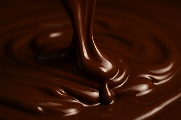 Luxurious melted dark chocolate flowing in a glossy stream, creating elegant ripples and swirls