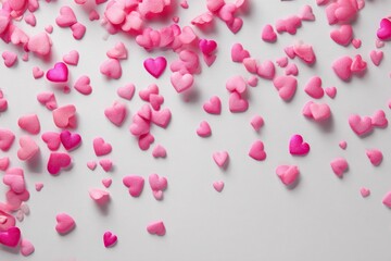 Scattered pink heart-shaped decorations on a white background ideal for festive celebrations or romantic occasions