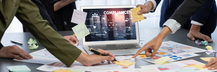 Analyst team use sticky note for creative and analytic brainstorm for business idea with BI data dashboard on laptop screen. Analysis financial data visualization tech for marketing strategy. Prodigy