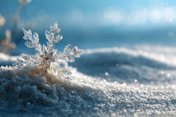 Close up view of a unique snowflake resting on a natural snowdrift during a tranquil winter afternoon