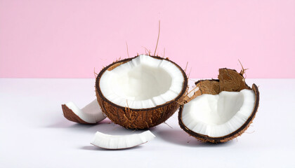 Cracked Coconut Shell with White Flesh and Liquid – Minimalist Tropical Photography