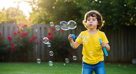 Boy blowing bubbles on a sunny day Outdoor fun backyard scene childhood joy Summer activity playful moment vibrant colors