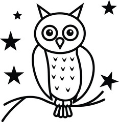 patterned owl perched on tree branch at night illustration on transparent background