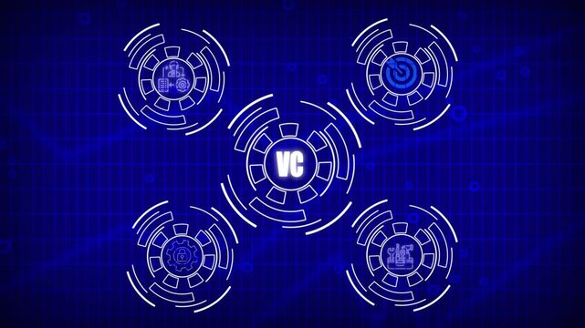 Futuristic HUD interface with VC text in center and four circular diagrams on blue grid background 4k video .