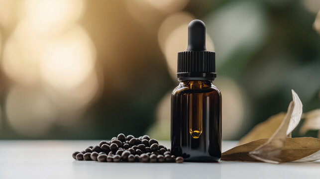 Close-up of Mucuna Pruriens seeds with herbal extract bottle on a clean surface, natural textures and soft lighting, palette of earthy brown, mint green, and ivory cream, wellness product scene